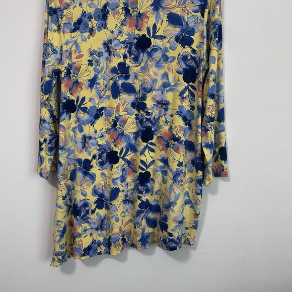 LOGO Lori Goldstein Top Tunic S Yellow Blue Floral Asymmetric Hem Pocket Casual - Picture 9 of 11
